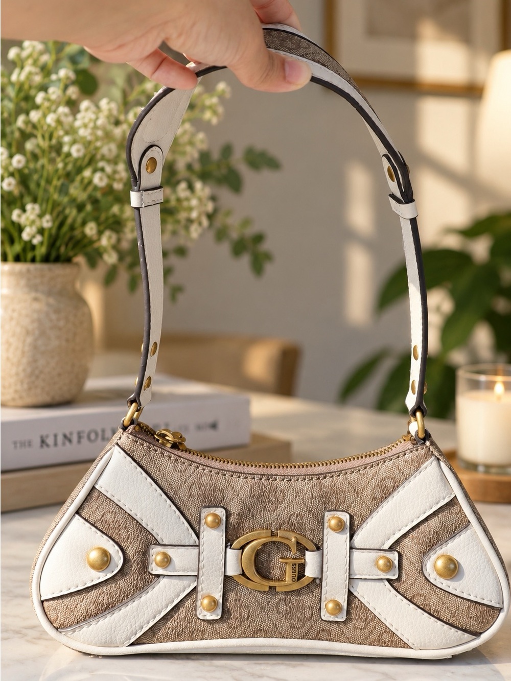 GUESS Beige Logo Crossbody Bag with Gold Hardware